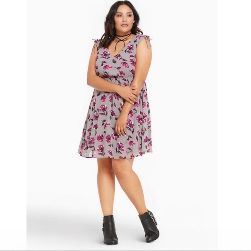 Torrid Floral Dress Tie Sleeve Chiffon Skater